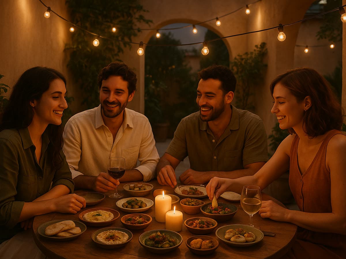 An evening gathering on the patio, candlelight and shared plates
