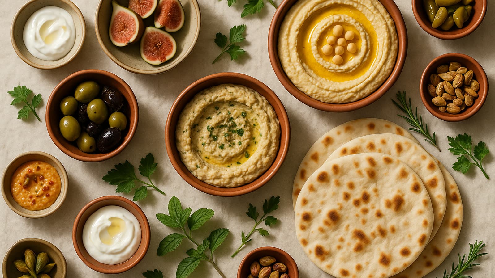 An overhead Mediterranean mezze spread with hummus, flatbread, olives, and figs