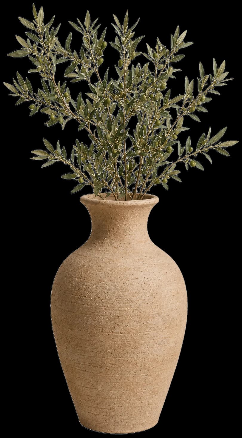A terracotta vase of olive branches